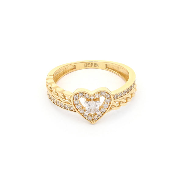 Anillo calado motivo corazón con circonias en oro amarillo 14 kilates.