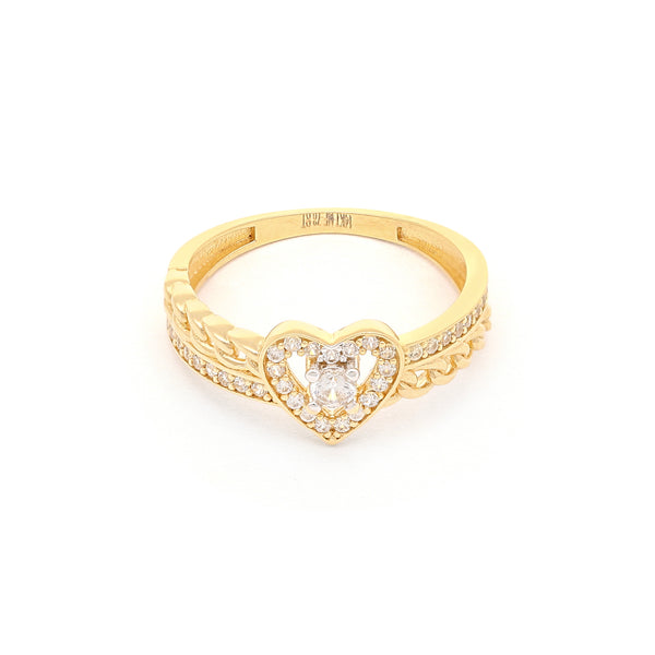 Anillo diseño especial motivo corazón con circonias en oro amarillo 14 kilates.