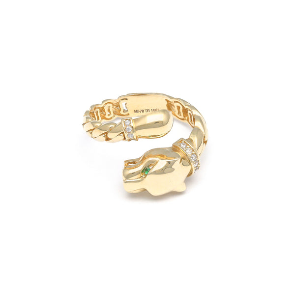 Anillo diseño especial con sintéticos motivo pantera en oro amarillo 14 kilates.
