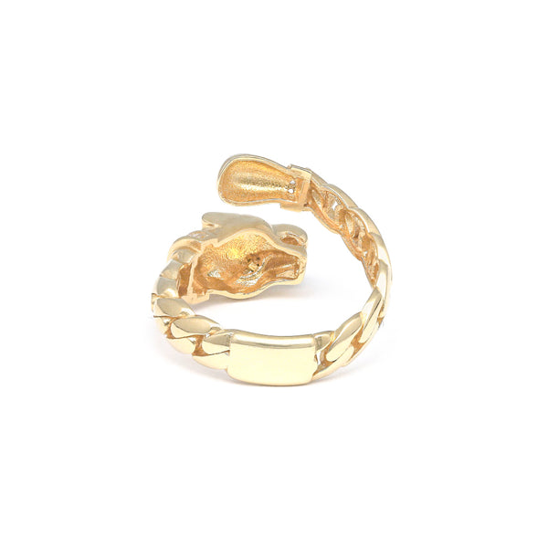 Anillo diseño especial con sintéticos motivo pantera en oro amarillo 14 kilates.
