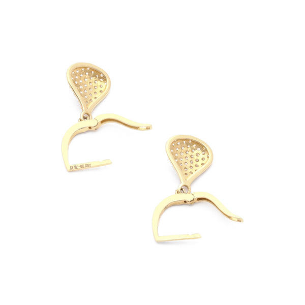 Arracadas articuladas con colgante motivo gota y circonias en oro amarillo 14 kilates.