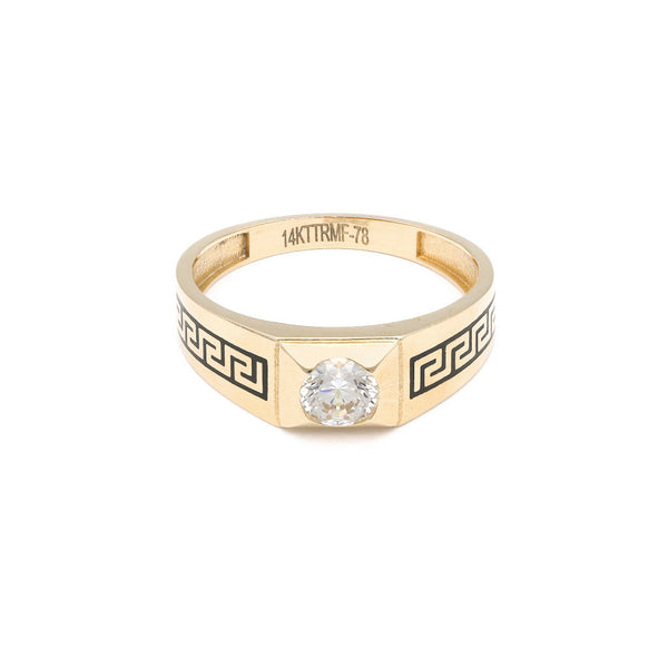Anillo diseño especial motivo grecas con circonia y esmalte en oro amarillo 14 kilates.