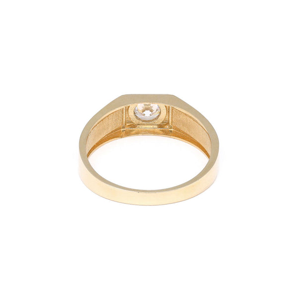 Anillo diseño especial motivo grecas con circonia y esmalte en oro amarillo 14 kilates.