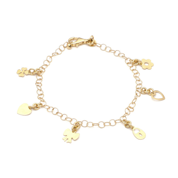 Pulsera eslabón cruzado con colgantes motivo figuras diferentes en oro amarillo 14 kilates.