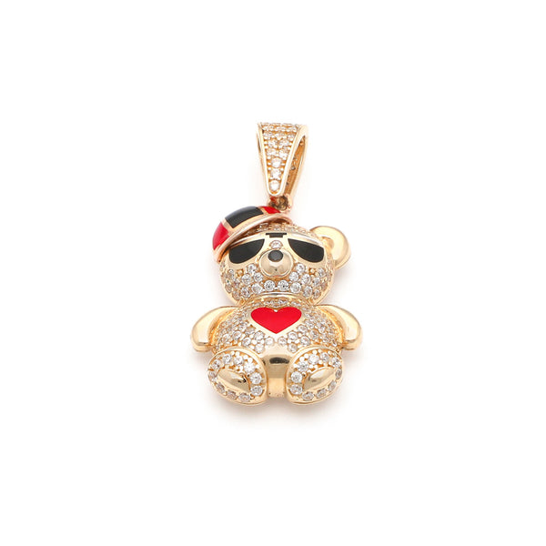 Dije hueco motivo oso con circonias y esmalte en oro amarillo 14 kilates.