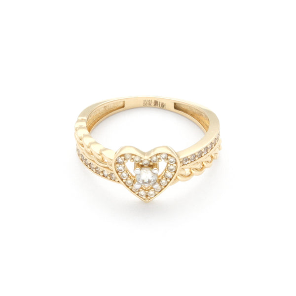 Anillo calado motivo corazón con circonias en oro amarillo 14 kilates.