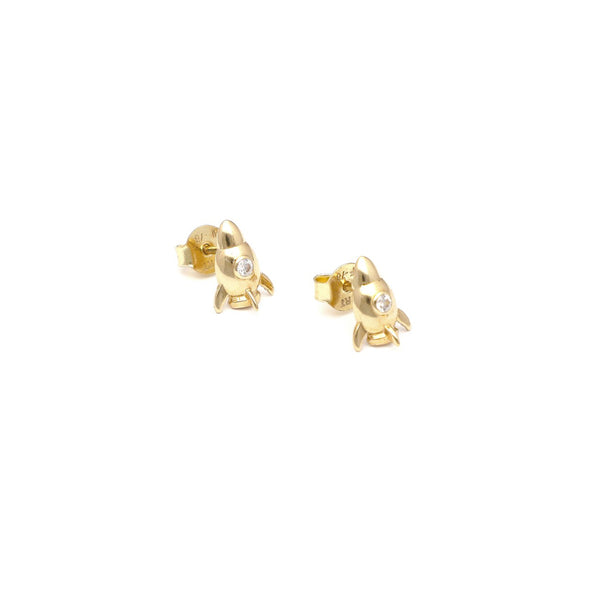 Aretes diseño especial motivo cohete con circonias en oro amarillo 14 kilates.