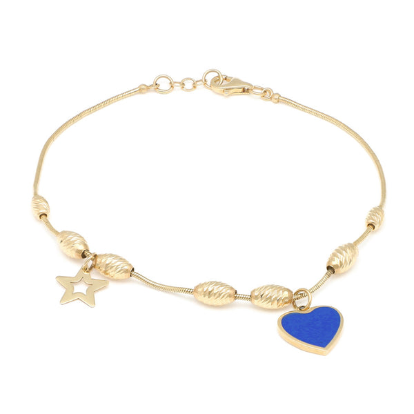 Pulsera eslabón cola de ratón con colgante motivo corazón y estrella en oro amarillo 14 kilates.