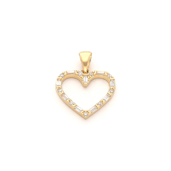 Dije diseño especial motivo corazón con circonias en oro amarillo 14 kilates.