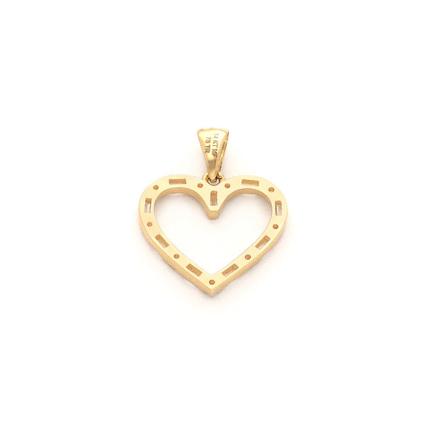 Dije diseño especial motivo corazón con circonias en oro amarillo 14 kilates.