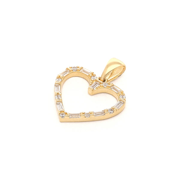 Dije diseño especial motivo corazón con circonias en oro amarillo 14 kilates.