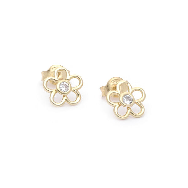 Aretes calados motivo flor con circonia en oro amarillo 14 kilates.