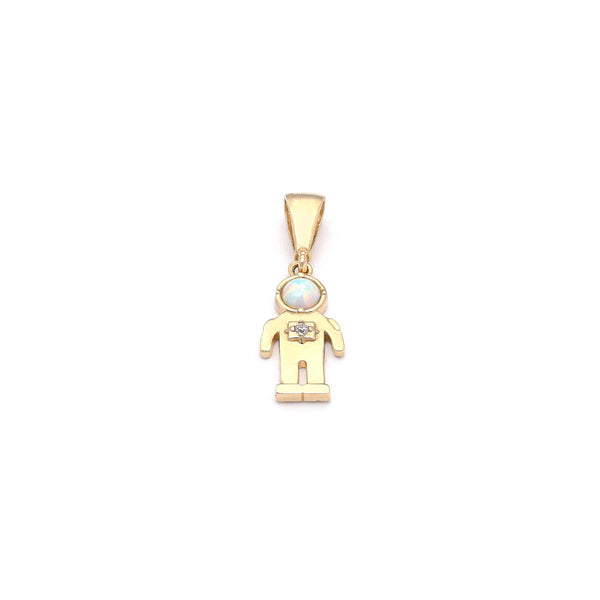 Dije diseño especial motivo astronauta con ópalo y circonia en oro amarillo 14 kilates.