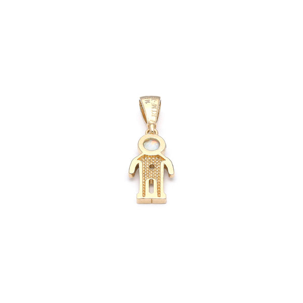 Dije diseño especial motivo astronauta con ópalo y circonia en oro amarillo 14 kilates.