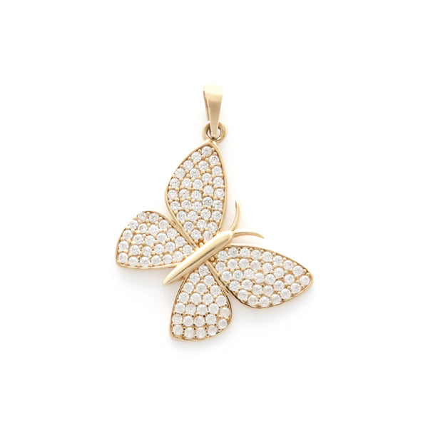 Dije diseño especial con circonias motivo mariposa en oro amarillo 14 kilates.