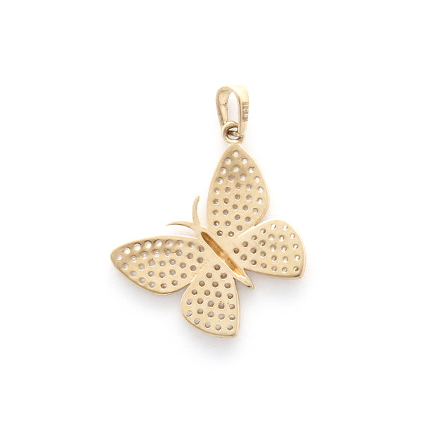 Dije diseño especial con circonias motivo mariposa en oro amarillo 14 kilates.