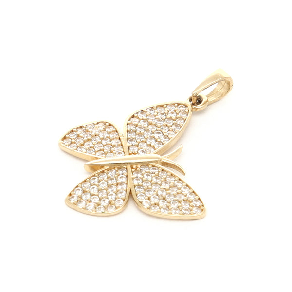 Dije diseño especial con circonias motivo mariposa en oro amarillo 14 kilates.