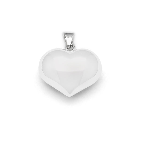 Dije hueco motivo corazón en oro blanco 14 kilates.