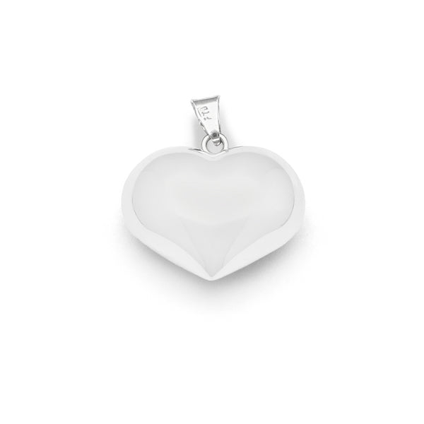 Dije hueco motivo corazón en oro blanco 14 kilates.