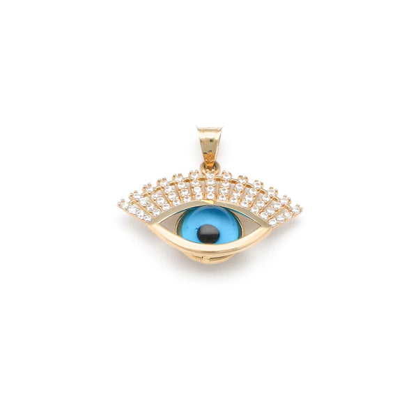 Dije diseño especial motivo ojo con circonias y sintético en oro amarillo 14 kilates.