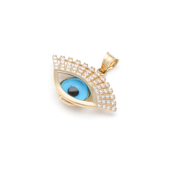 Dije diseño especial motivo ojo con circonias y sintético en oro amarillo 14 kilates.