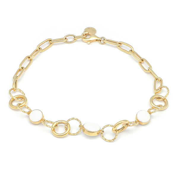 Pulsera eslabón cruzado con aplicaciones y sintéticos en oro amarillo 14 kilates.