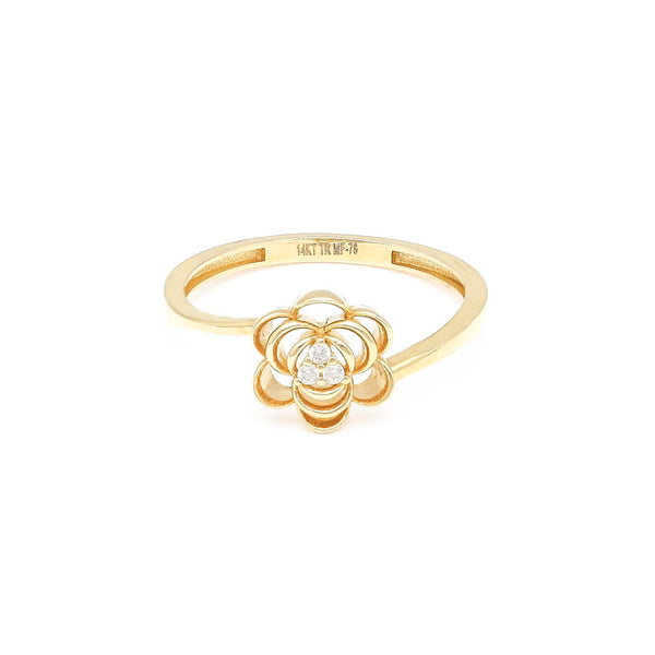 Anillo calado motivo flor con circonia en oro amarillo 14 kilates.