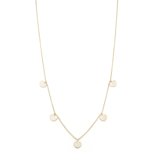 Collar eslabón cruzado con colgantes motivo corazones de madre perla en oro amarillo 14 kilates.