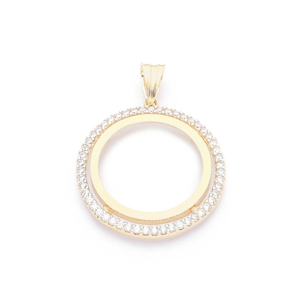 Dije diseño especial motivo circulos con circonias en oro amarillo 14 kilates.