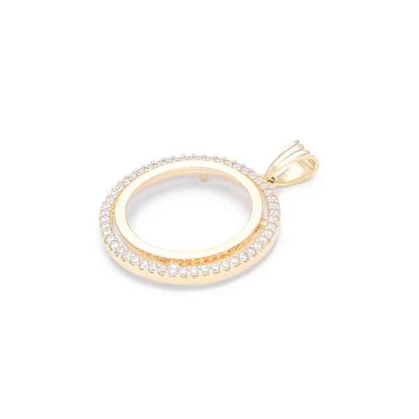 Dije diseño especial motivo circulos con circonias en oro amarillo 14 kilates.