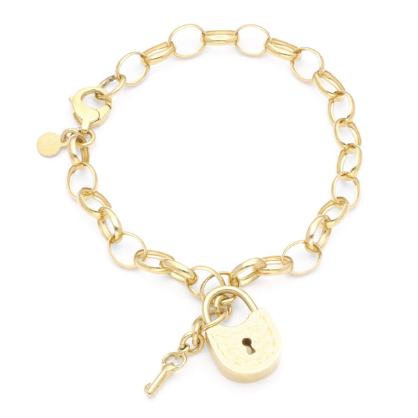Pulsera eslabón cruzado con colgantes motivo llave y candado en oro amarillo 14 kilates.