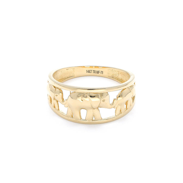 Anillo calado motivo elefantes en oro amarillo 14 kilates.