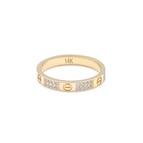 Argolla diseño especial motivo tornillos con circonias en oro amarillo 14 kilates.