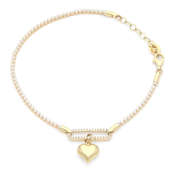 Pulsera eslabón articulado motivo corazón con circonias en oro amarillo 14 kilates.