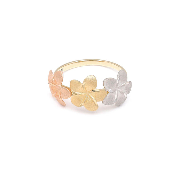 Anillo diseño especial motivo flores en oro tres tonos 14 kilates.