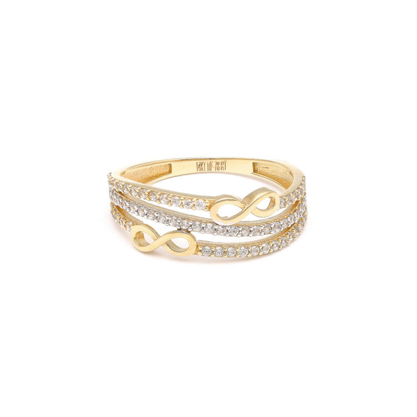 Anillo calado motivo infinitos con circonias en oro amarillo 14 kilates.