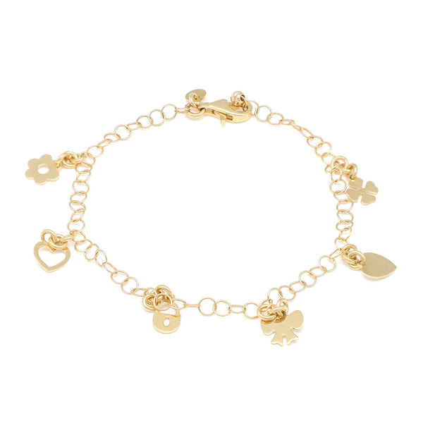 Pulsera eslabón cruzado con colgantes motivo diversas figura en oro amarillo 14 kilates.