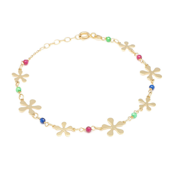 Pulsera eslabón cruzado con aplicaciones de flores y sintéticos en oro amarillo 14 kilates.