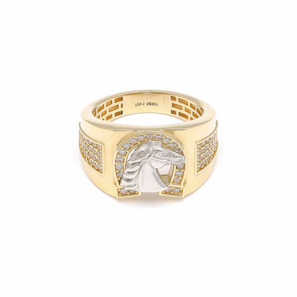 Anillo diseño especial con aplicación y circonias motivo caballo en oro dos tonos 14 kilates.