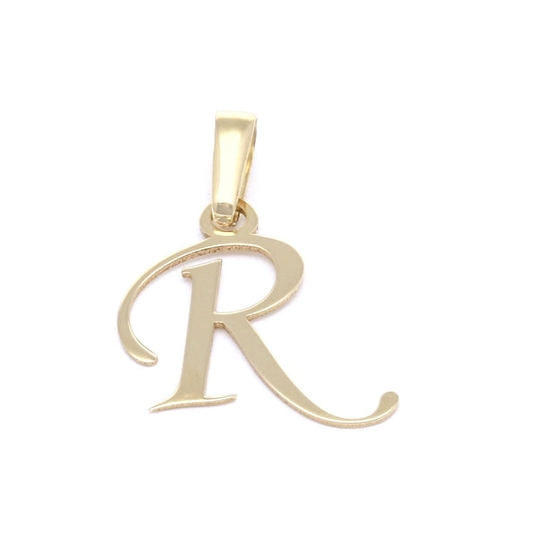 Dije liso motivo letra R en oro amarillo 14 kilates.