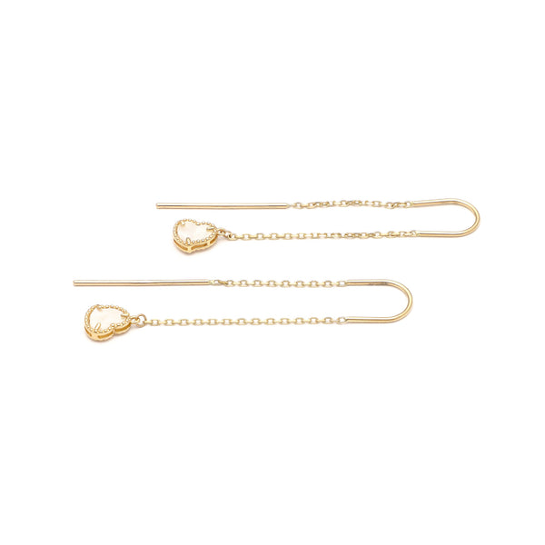 Aretes diseño especial con colgantes motivo corazón y sintético en oro amarillo 14 kilates.