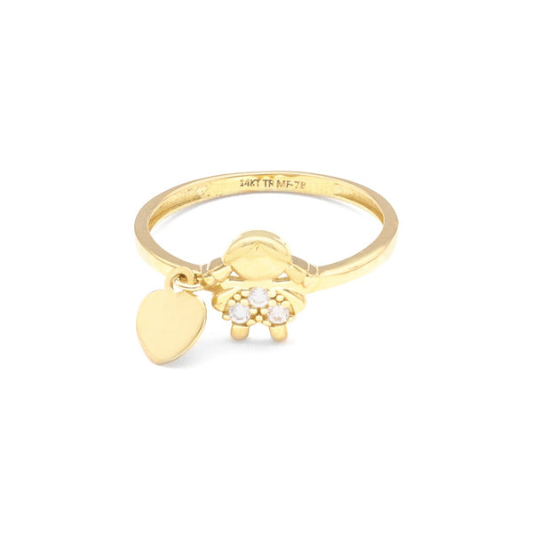 Anillo diseño especial motivo niña y corazón con circonias en oro amarillo 14 kilates.