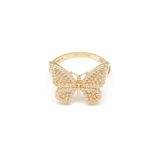 Anillo diseño especial motivo mariposa con circonias en oro amarillo 14 kilates.
