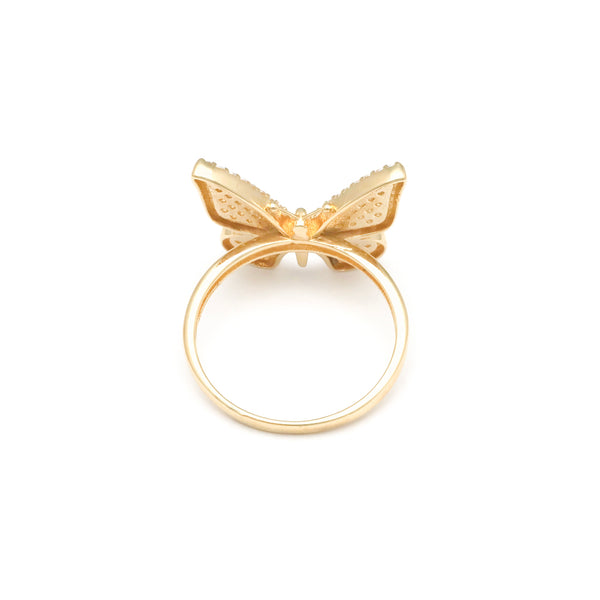Anillo diseño especial motivo mariposa con circonias en oro amarillo 14 kilates.