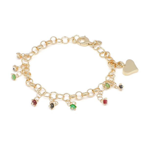 Pulsera eslabón cruzado con colgantes y circonias motivo flores y corazón en oro amarillo 14 kilates.