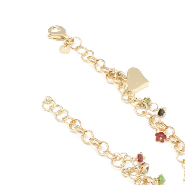 Pulsera eslabón cruzado con colgantes y circonias motivo flores y corazón en oro amarillo 14 kilates.