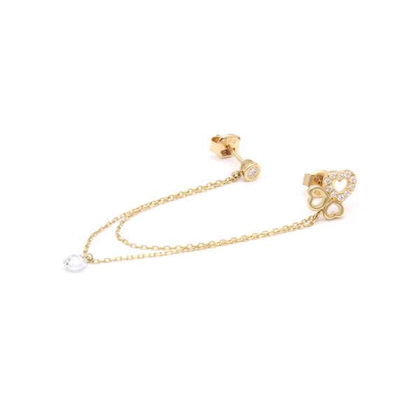 Aretes dobles calados con colgante, circonias motivo corazón en oro amarillo 14 kilates.