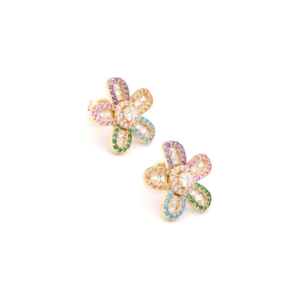 Aretes diseño especial motivo flor con sintéticos en oro amarillo 14 kilates.