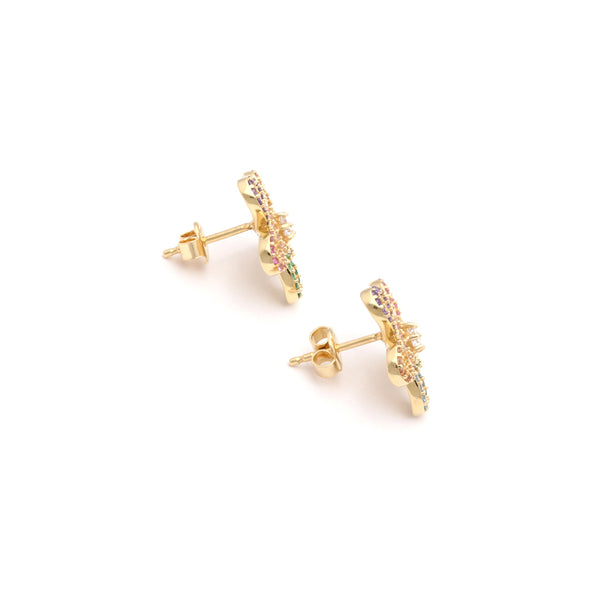 Aretes diseño especial motivo flor con sintéticos en oro amarillo 14 kilates.