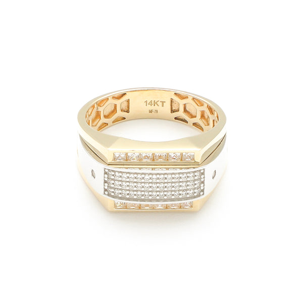 Anillo diseño especial con circonias en oro dos tonos 14 kilates.